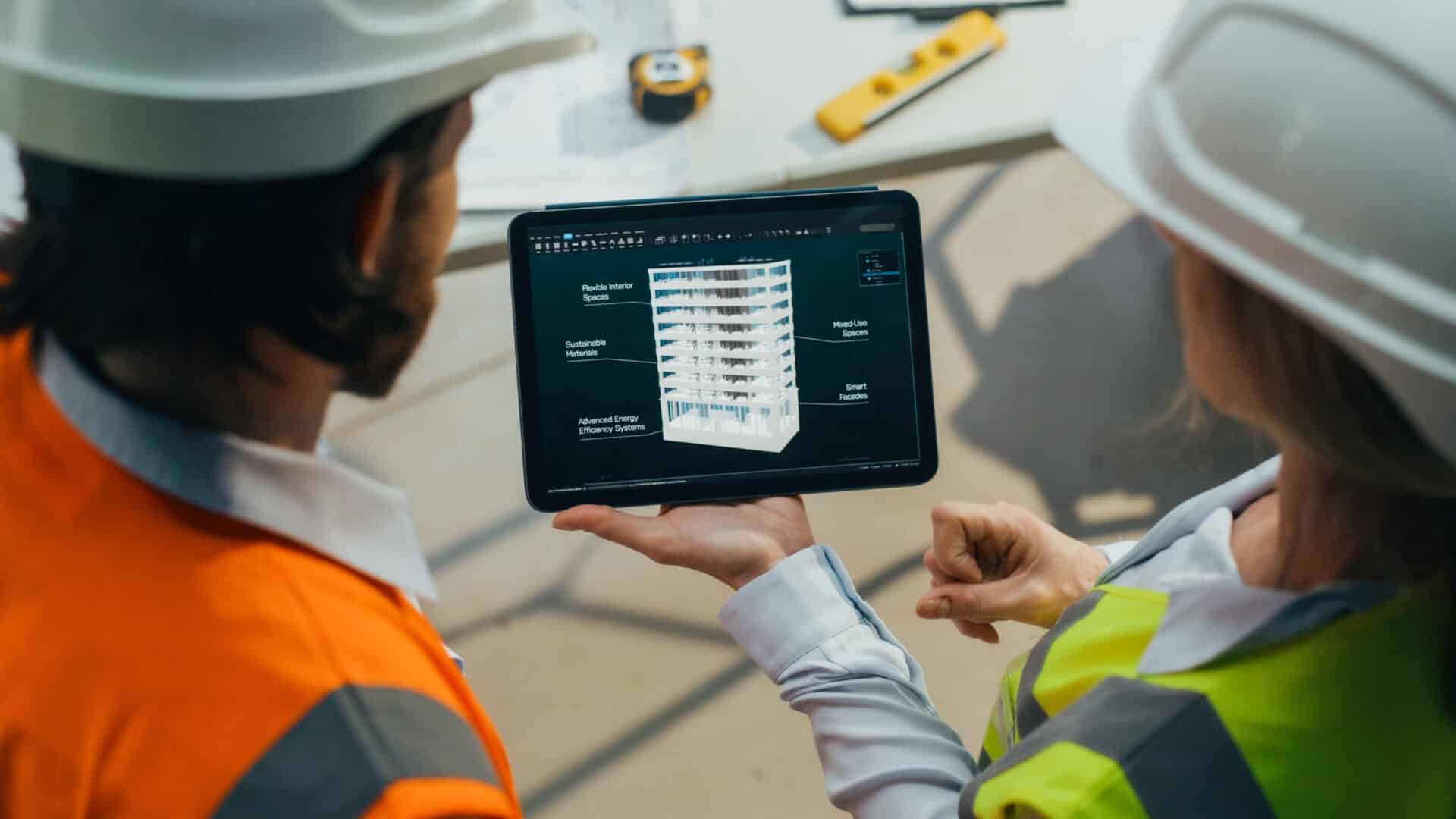 dos personas en una obra con una Tablet con el proyecto utilizando el sistema BIM