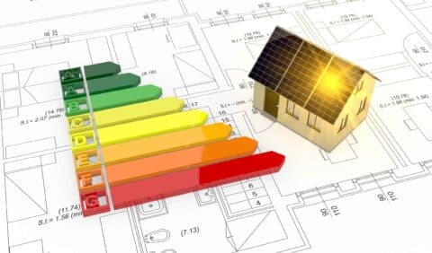 Ejemplo de certificado energético en 3D sobre planos de obra de una casa.