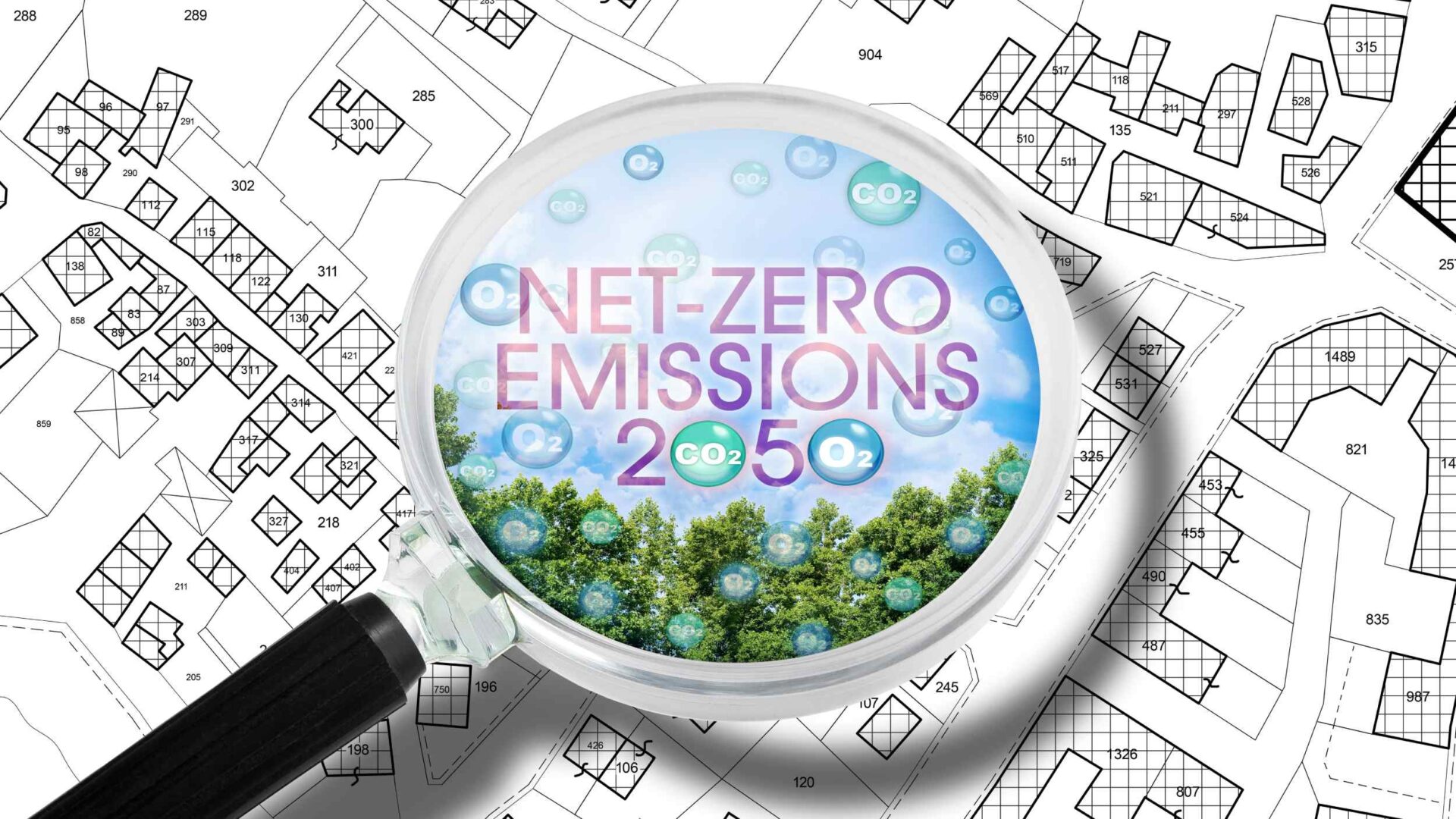 plano con una lupa sobre edificios Net Zero