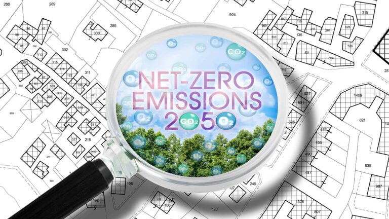 plano con una lupa sobre edificios Net Zero