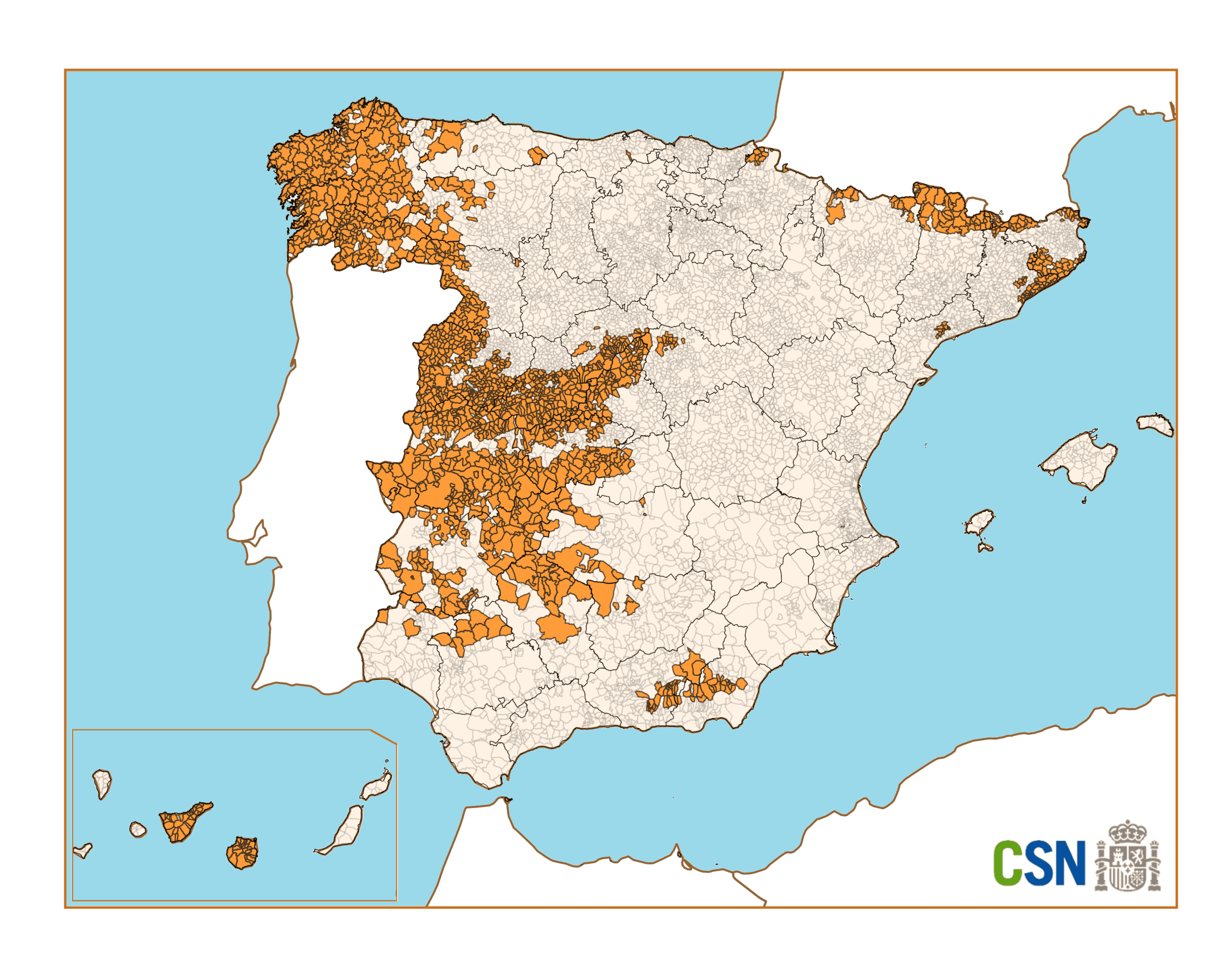Mapa de la presencia de radón según niveles de toda España