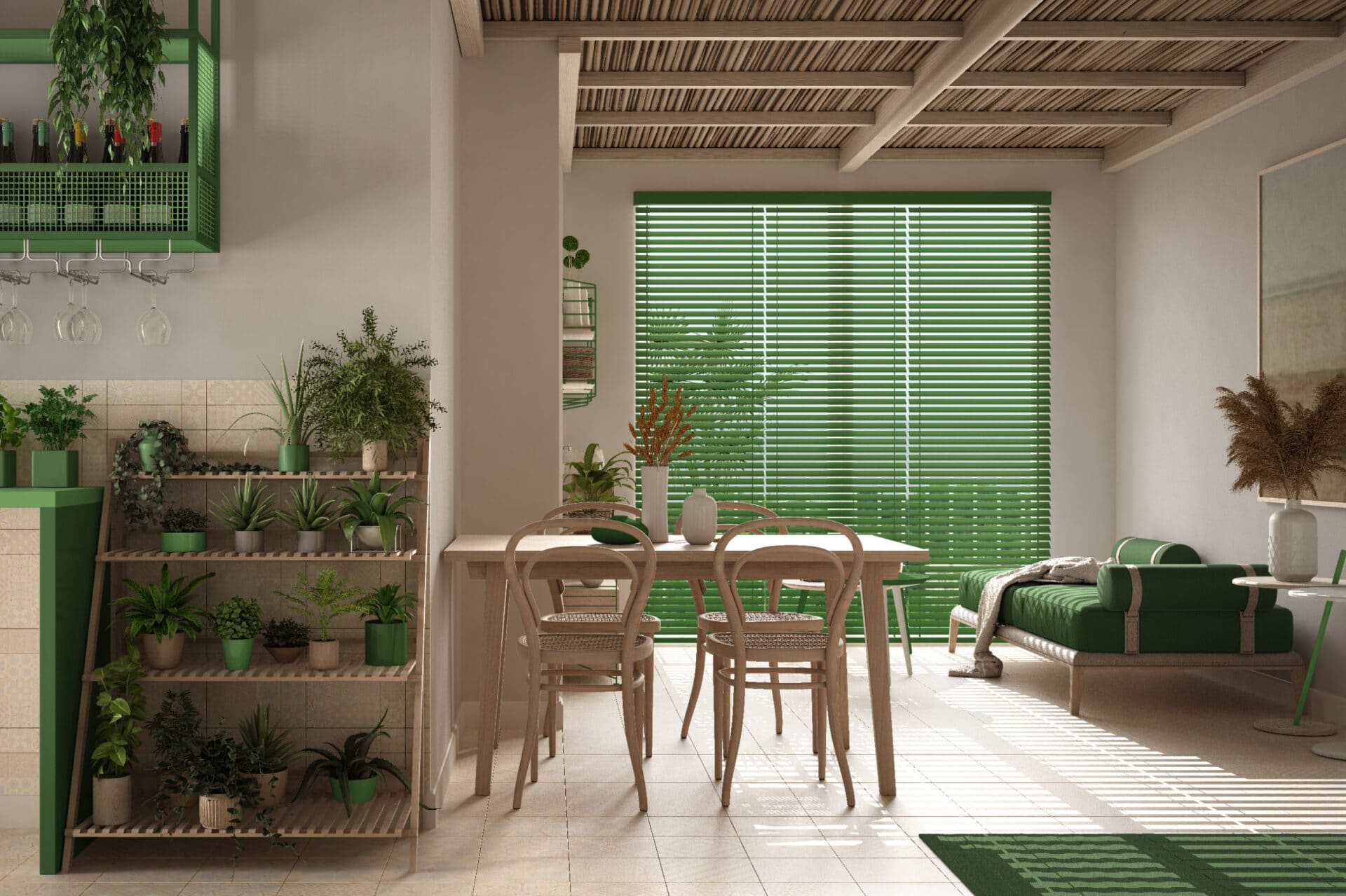 Vivienda sostenible en tonos verde y madera con plantas y luz natural